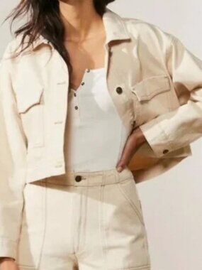 Abercrombie & Fitch XL Womens Denim Utility Trucker Jean Jacket Cropped Oatmeal